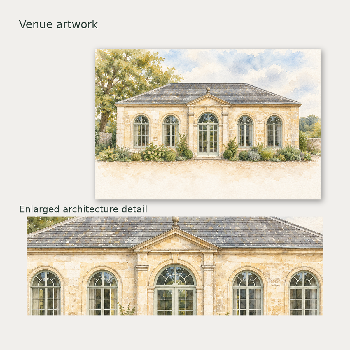 One full wedding venue canvas above an enlarged crop of the same architectural watercolor artwork.