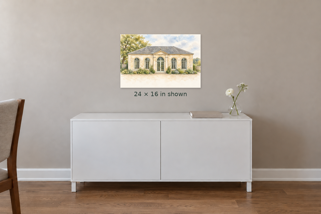 One 24 by 16 inch wedding venue canvas displayed above a white sideboard in a styled room.
