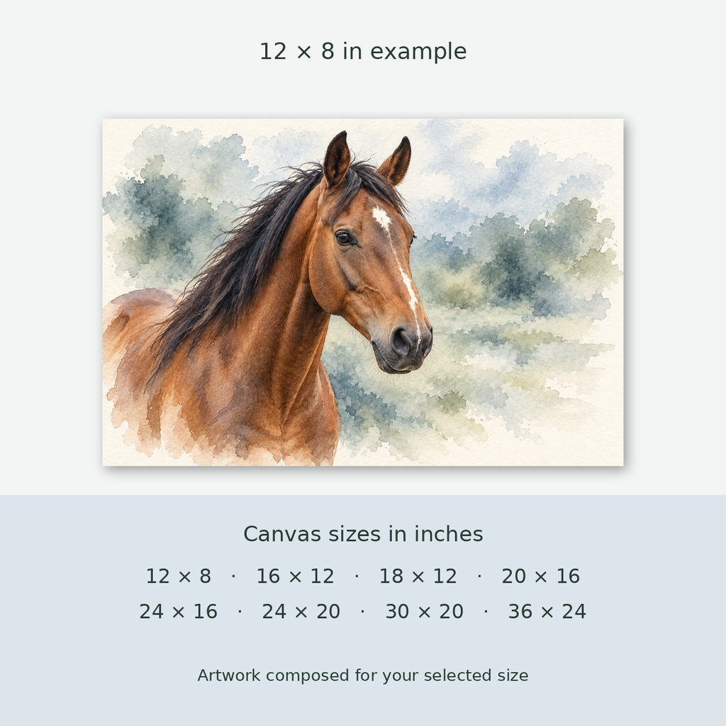 One 12 by 8 inch horse canvas with all eight available landscape sizes listed in inches; artwork is composed for the selected size.