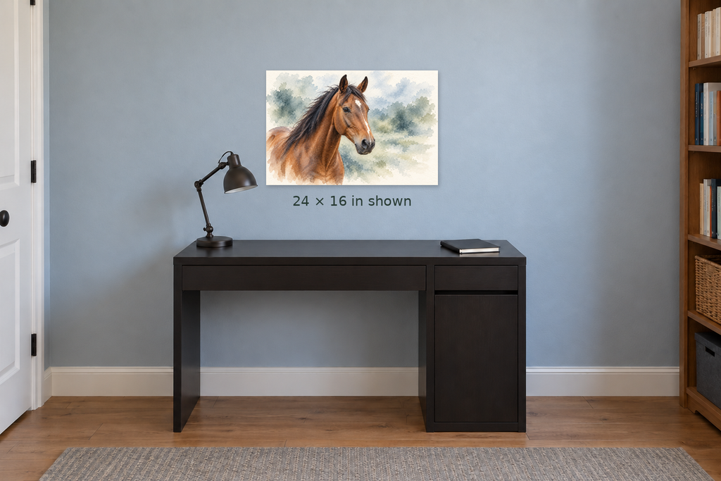 One 24 by 16 inch horse portrait canvas above a black desk in a home office.