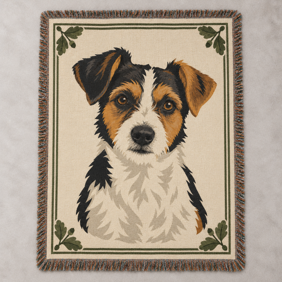 Front view of the personalized 50 by 60 inch woven cotton pet portrait blanket with fringe.