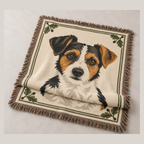 Folded woven cotton pet portrait throw, showing the front design and fringe.