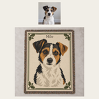 Original pet photograph above the woven cotton pet portrait blanket, showing the optional name Milo.
