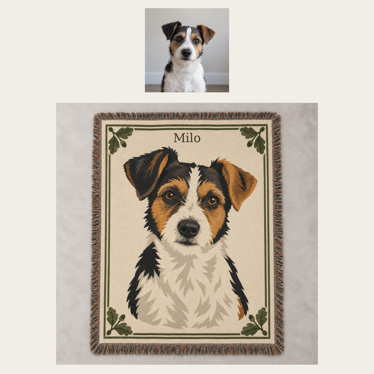 Original pet photograph above the woven cotton pet portrait blanket, showing the optional name Milo.