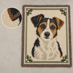 Complete woven pet portrait blanket with a close-up inset of the cotton-yarn weave.
