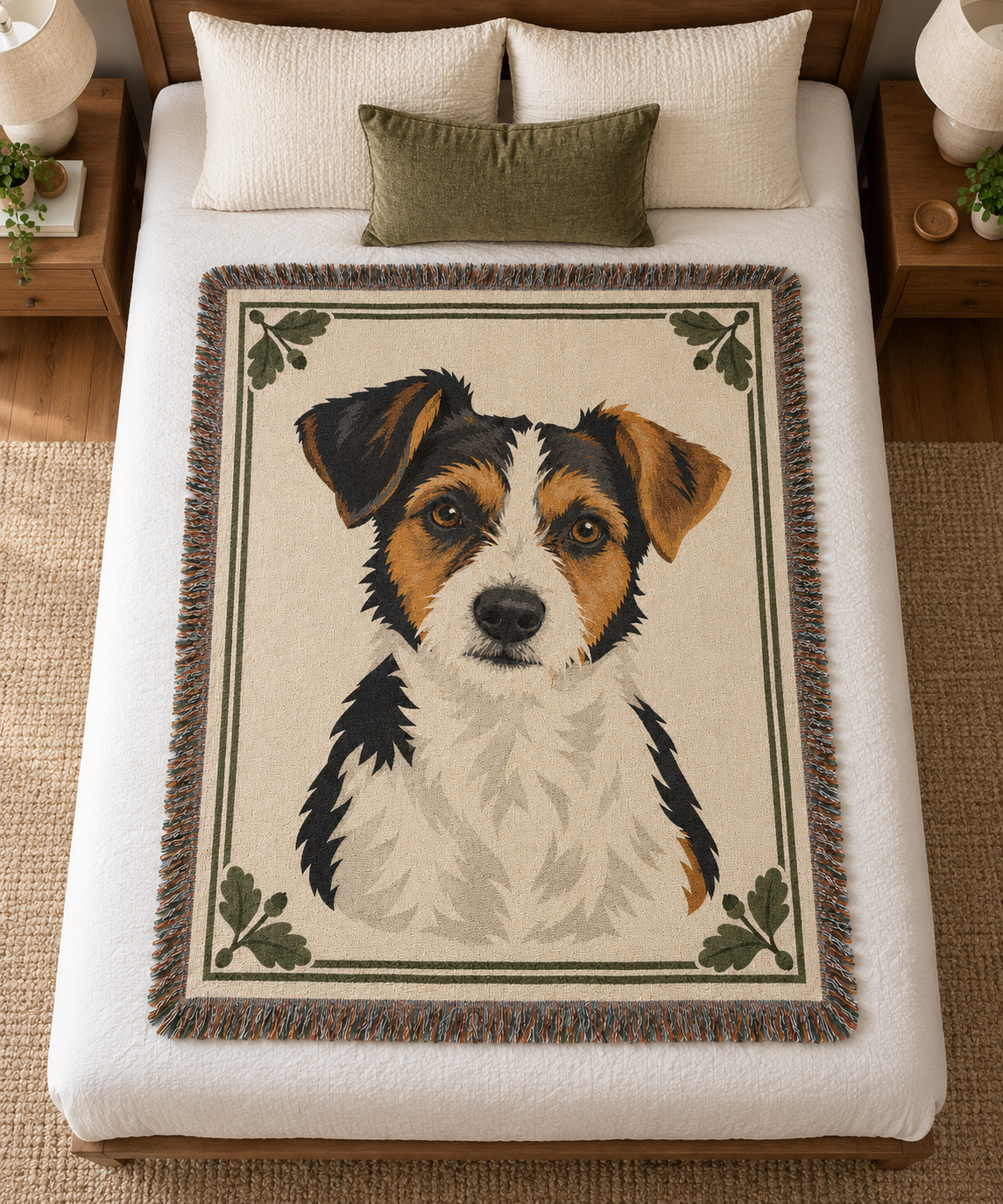 50 by 60 inch pet portrait blanket on a 60 by 80 inch queen mattress for scale.