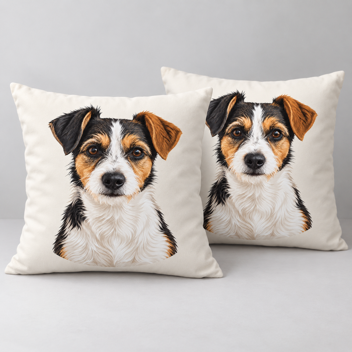 Front and back views of one pet portrait pillow; the same upright illustration appears on both sides. One pillow is included.