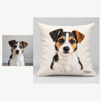 Original pet photograph beside the illustrated pet portrait pillow with insert, showing the optional name Milo.