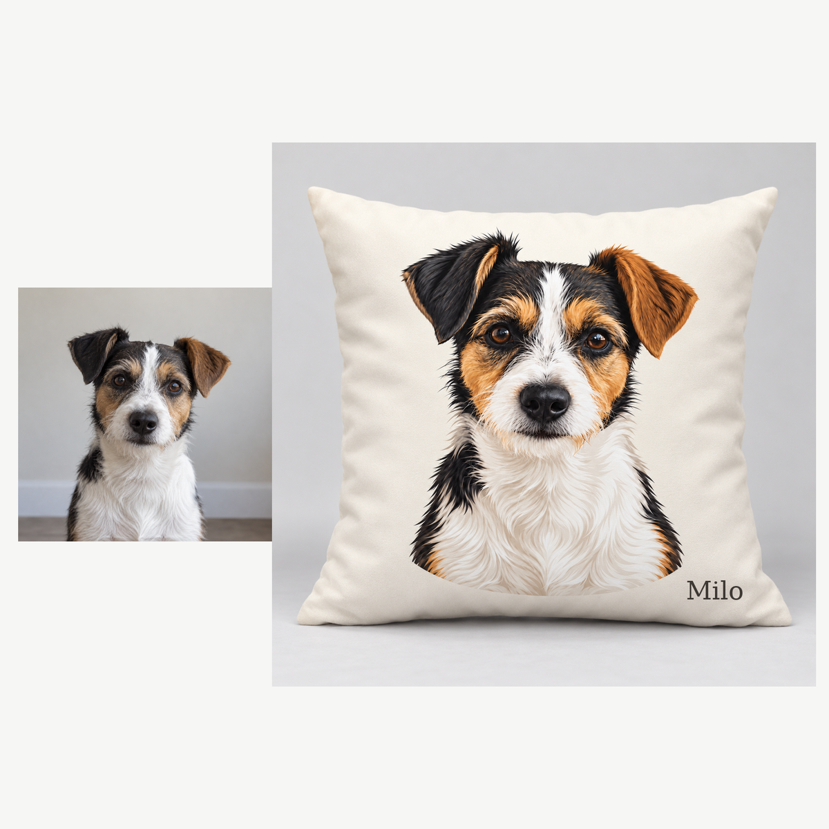 Original pet photograph beside the illustrated pet portrait pillow with insert, showing the optional name Milo.
