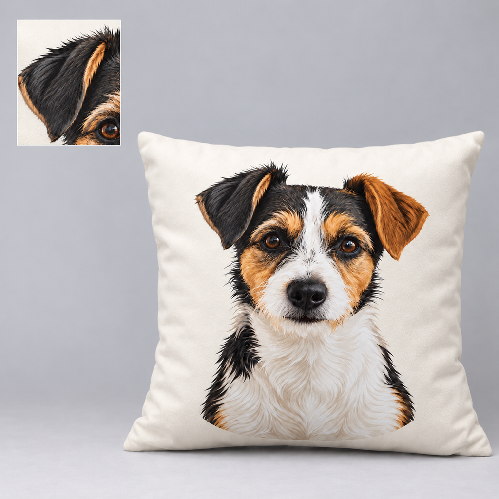 Complete pet portrait pillow with a modest inset of the flat illustrated print and soft cover.