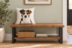 18-inch pet portrait pillow on a 47.25-inch entryway bench for scale.