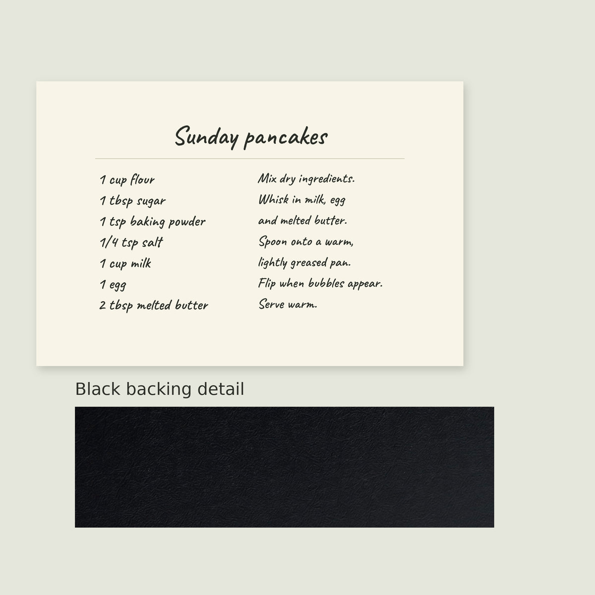 Complete recipe canvas front above a close detail of the verified black canvas backing material.