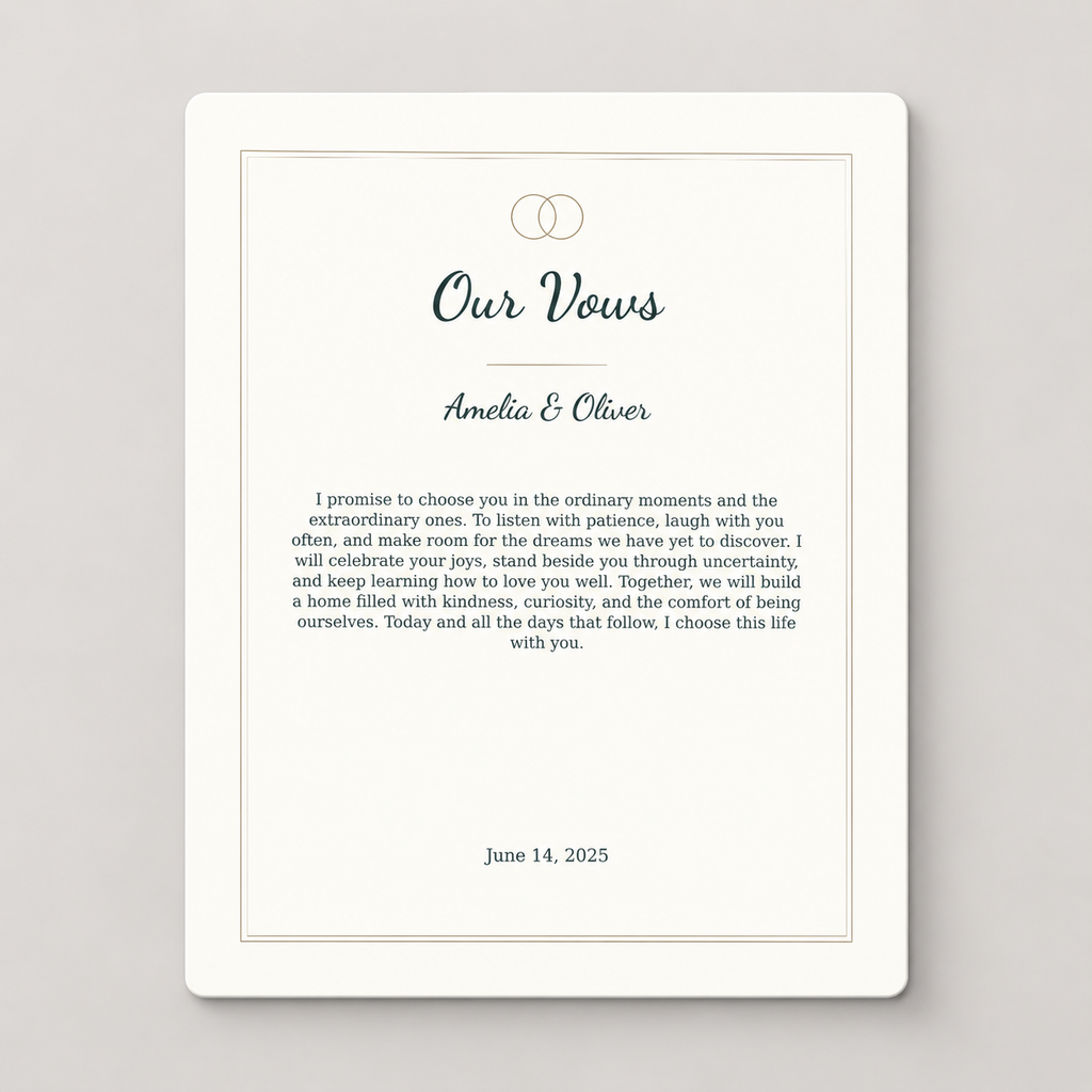 Personalized wedding vows aluminum print with names and date, front view.