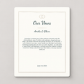 Personalized wedding vows aluminum print with names and date, front view.