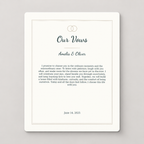 Personalized wedding vows aluminum print with names and date, front view.