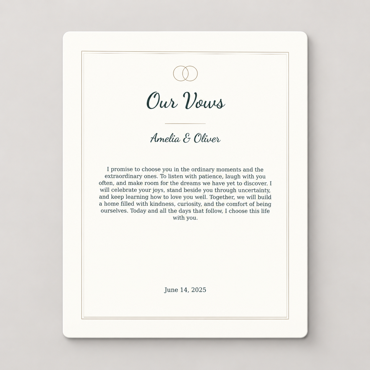 Personalized wedding vows aluminum print with names and date, front view.