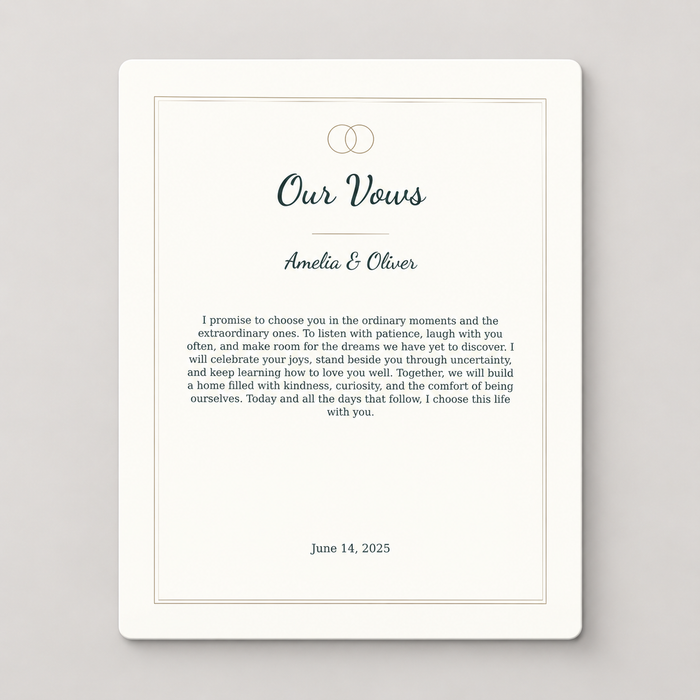 Personalized wedding vows aluminum print with names and date, front view.