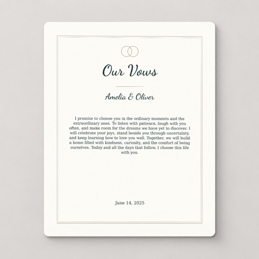 Personalized wedding vows aluminum print with names and date, front view.