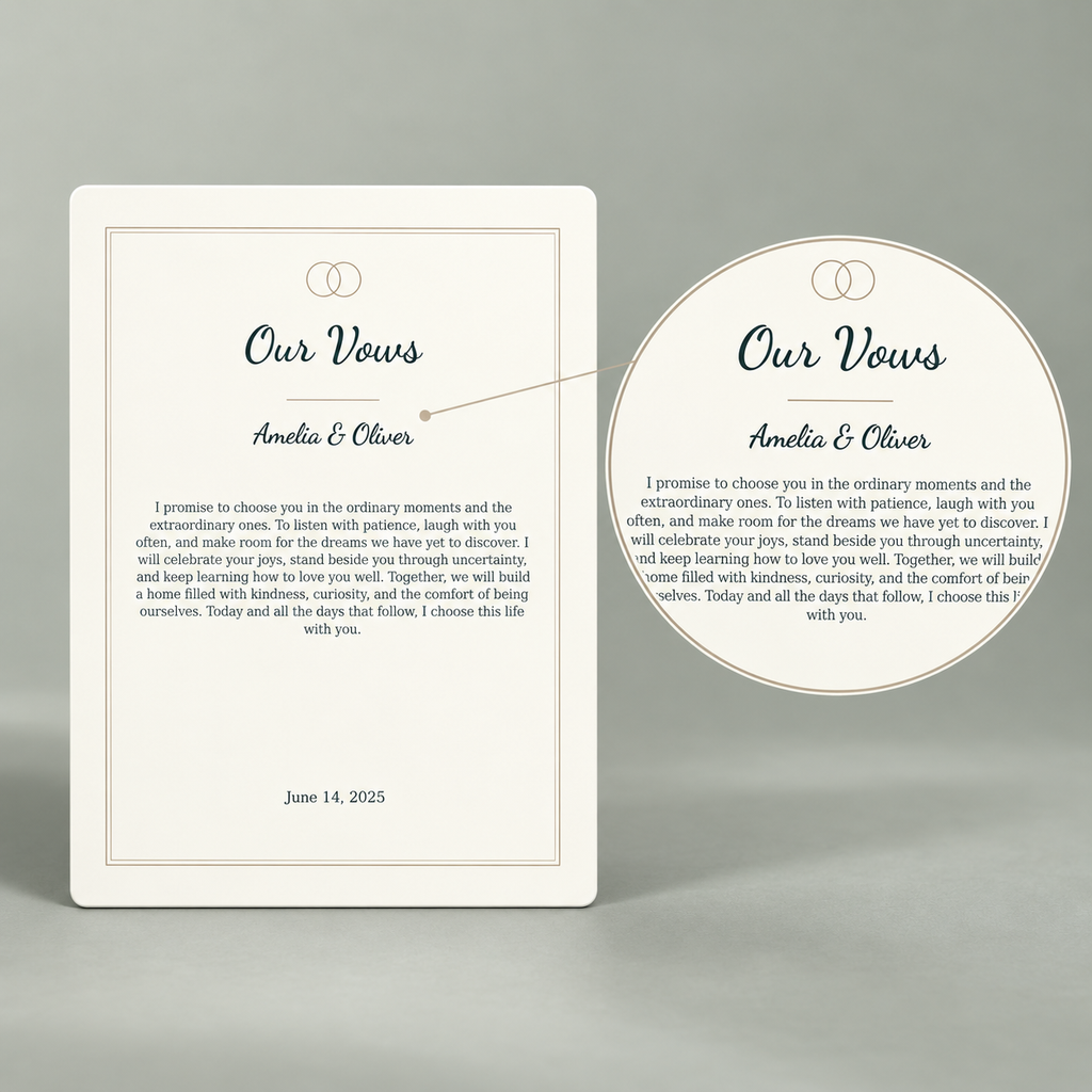 Complete wedding vows print with enlarged typography detail.