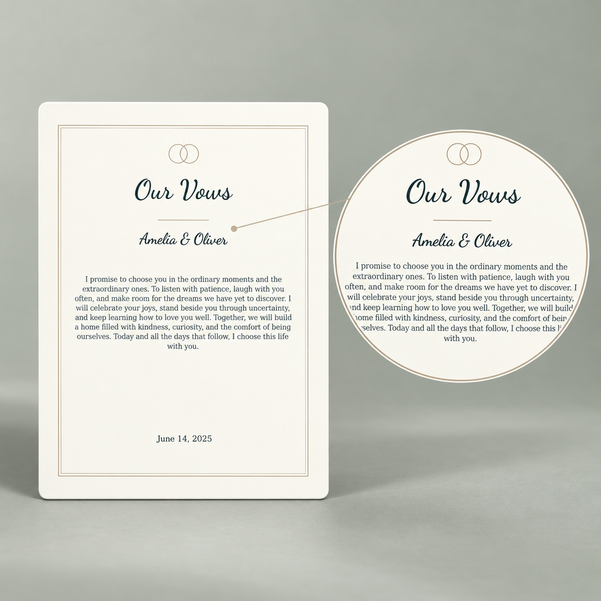 Complete wedding vows print with enlarged typography detail.