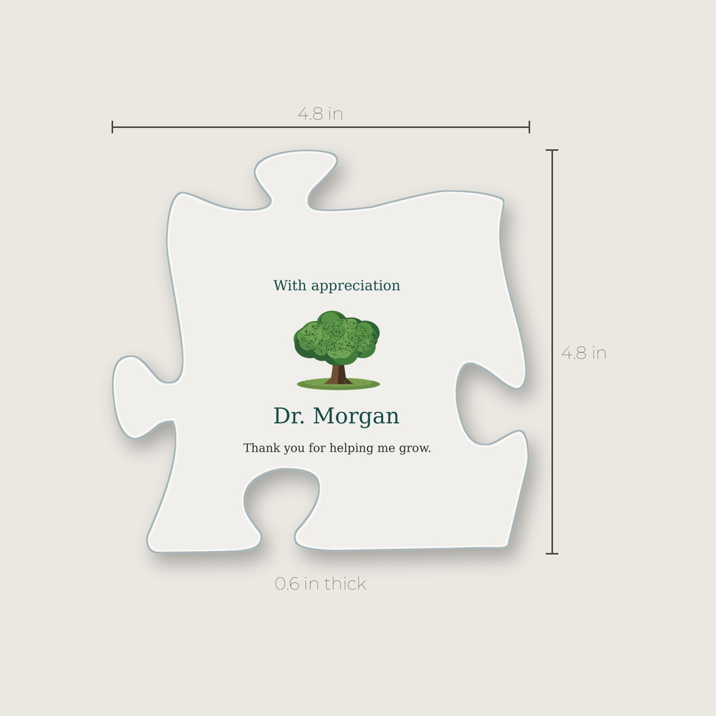 Mentor oak puzzle plaque with its width, height and thickness marked.