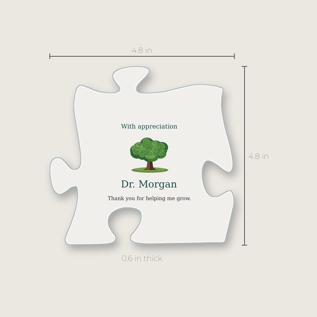 Mentor oak puzzle plaque with its width, height and thickness marked.