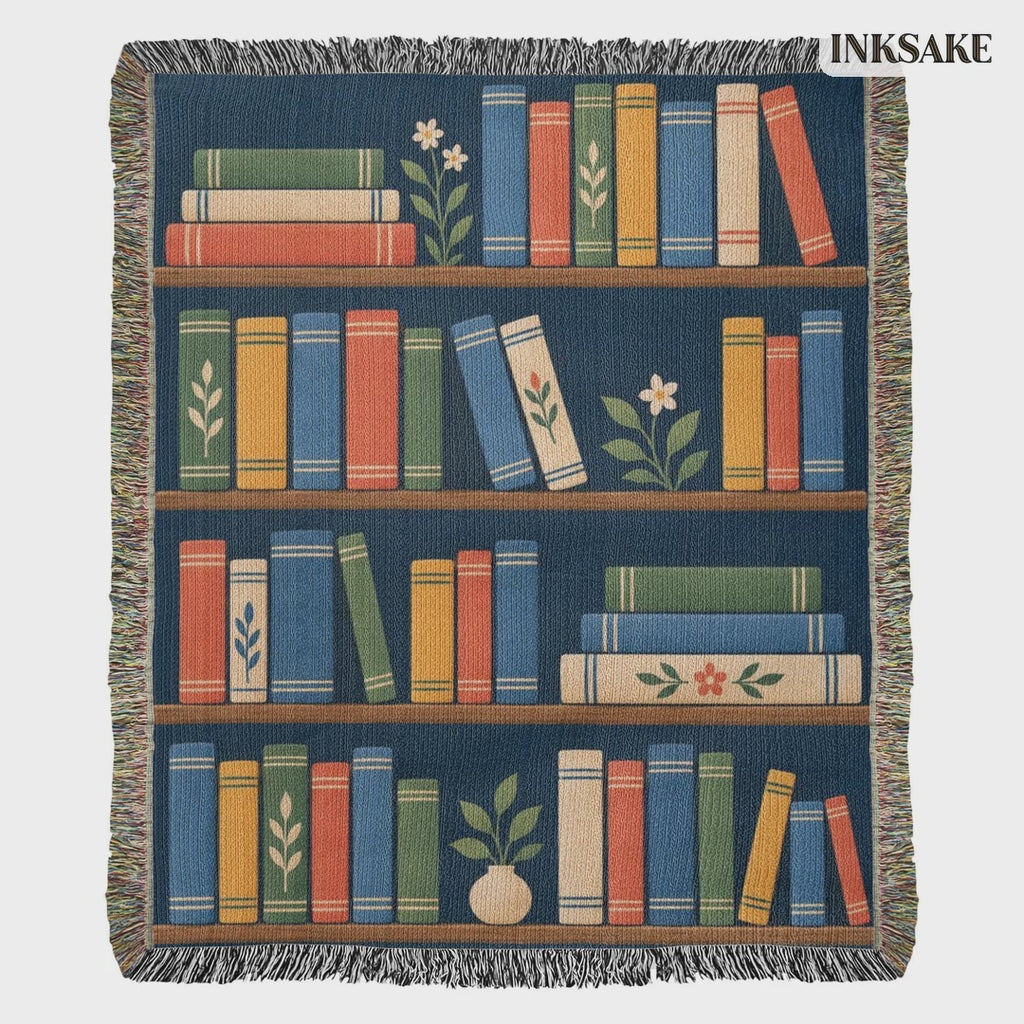 Book Garden woven cotton blanket with colorful bookshelves, trailing plants and fringed edges