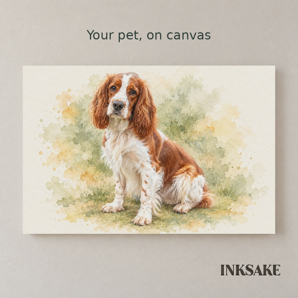 Photo-to-watercolor transformation from an original pet photograph to its artwork, with one unframed canvas and a 24 by 16 inch room display.