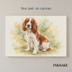 Photo-to-watercolor transformation from an original pet photograph to its artwork, with one unframed canvas and a 24 by 16 inch room display.