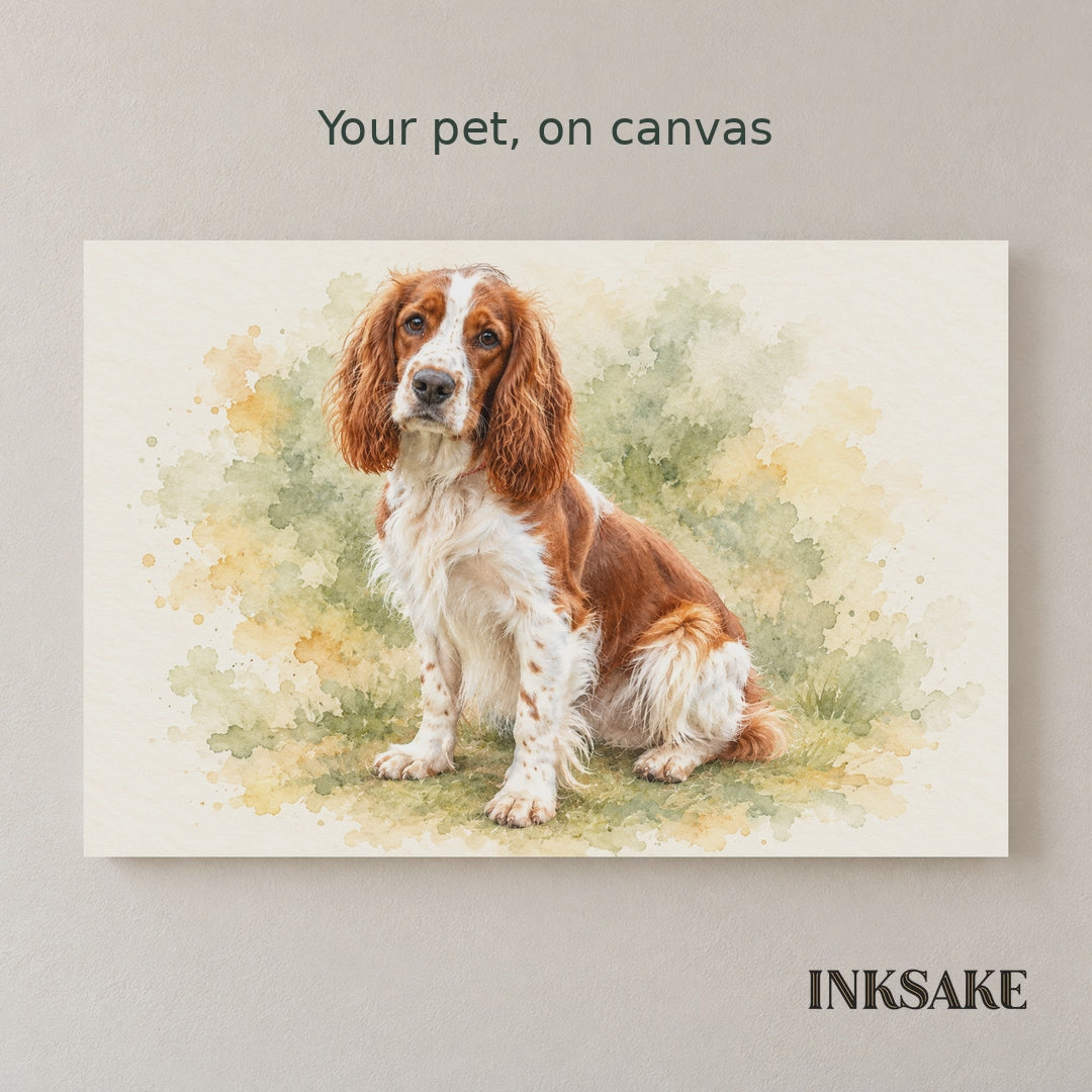 Photo-to-watercolor transformation from an original pet photograph to its artwork, with one unframed canvas and a 24 by 16 inch room display.