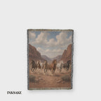Painterly western horse woven cotton throw in motion, full front with six horses galloping through a red-rock canyon