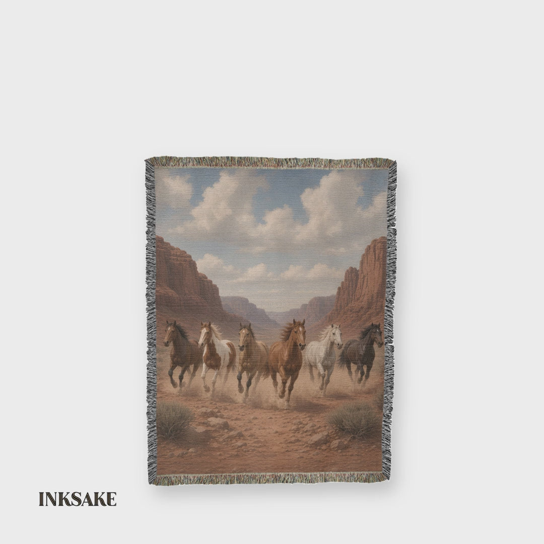 Painterly western horse woven cotton throw in motion, full front with six horses galloping through a red-rock canyon