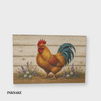 Farmhouse rooster canvas wall art in motion, full front of the painted rooster on cream whitewash with wildflowers