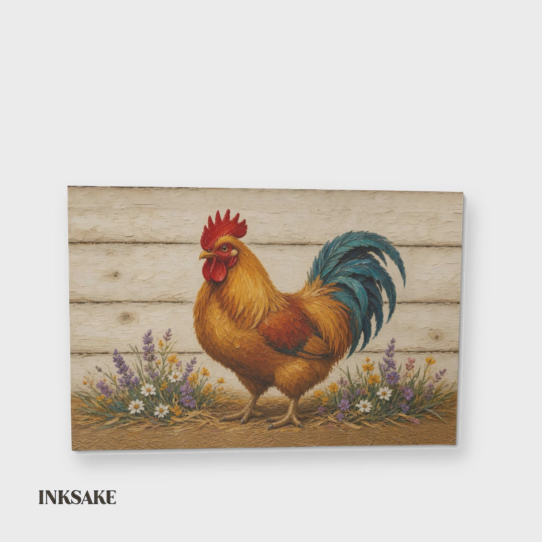 Farmhouse rooster canvas wall art in motion, full front of the painted rooster on cream whitewash with wildflowers