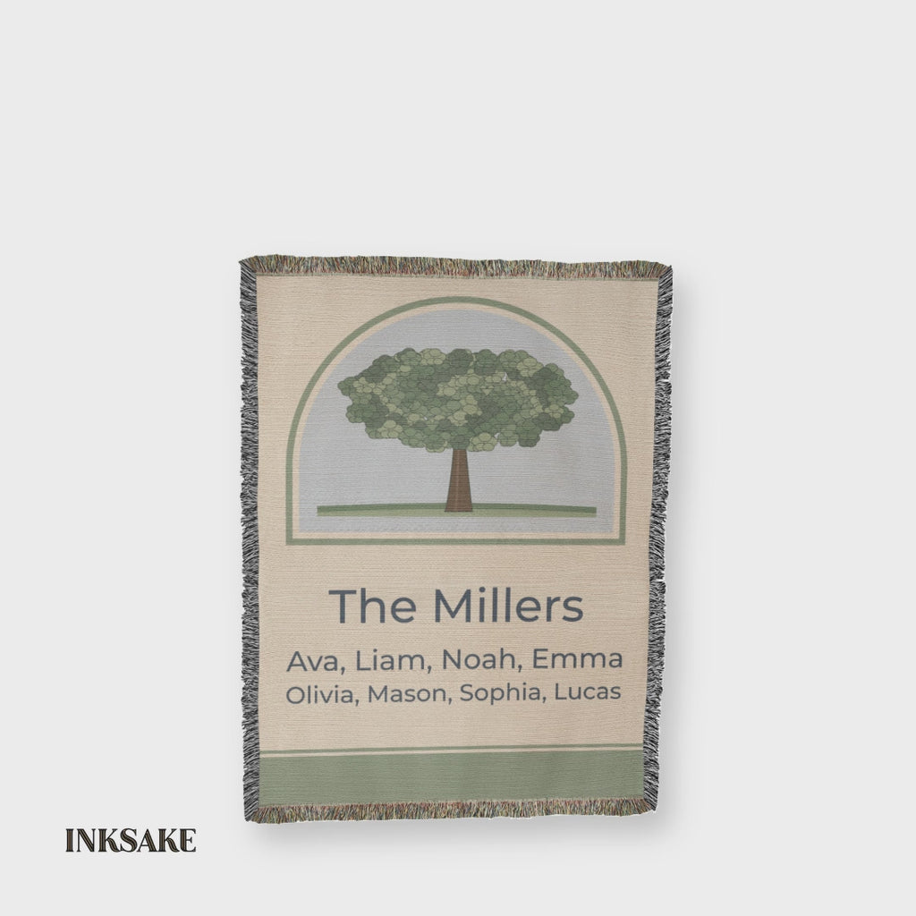 Personalized family tree woven blanket in motion, full front with The Millers and family names