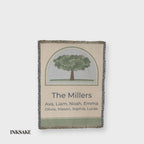 Personalized family tree woven blanket in motion, full front with The Millers and family names