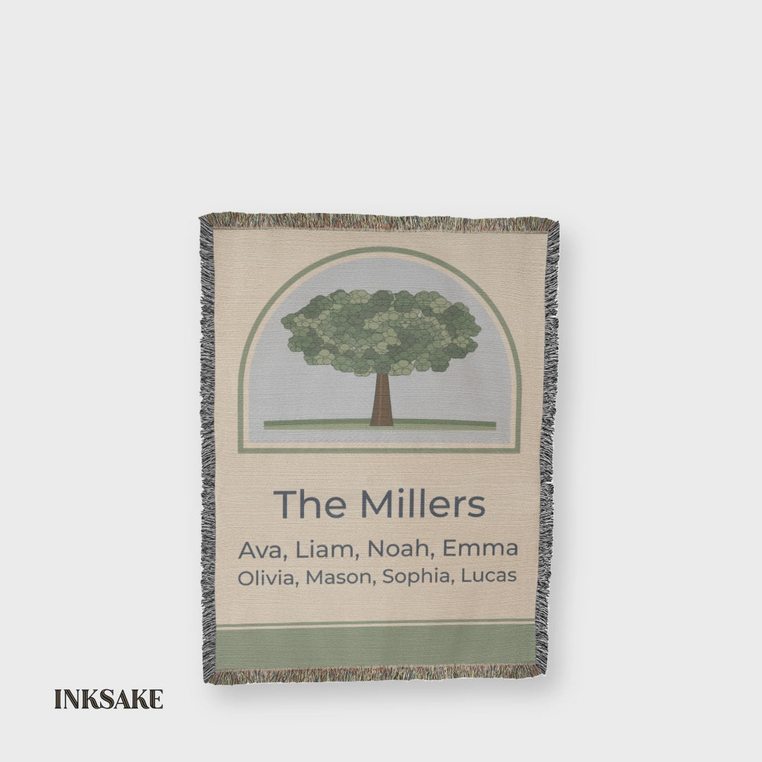 Personalized family tree woven blanket in motion, full front with The Millers and family names
