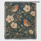 Bird Garden woven cotton blanket with robins, cream roses and fringed edges