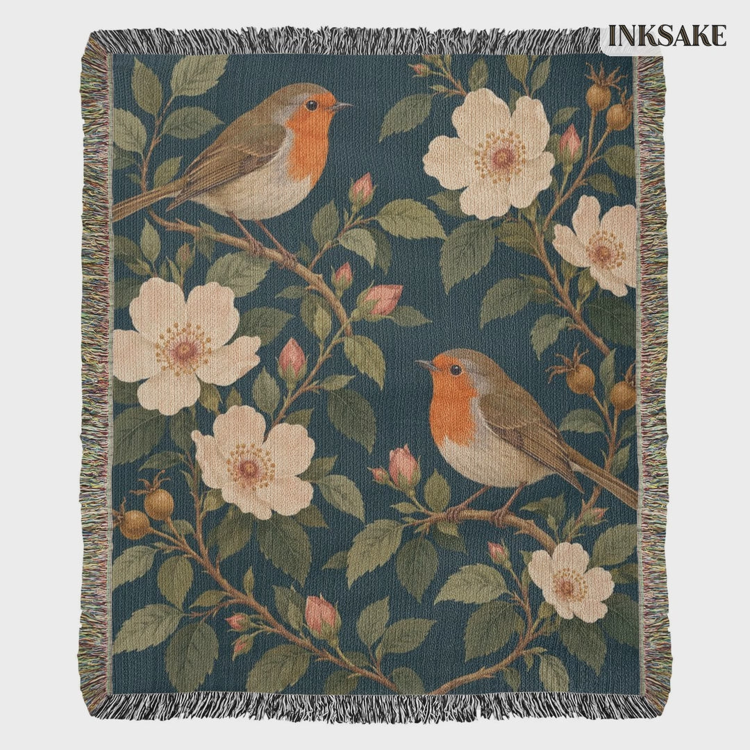 Bird Garden woven cotton blanket with robins, cream roses and fringed edges