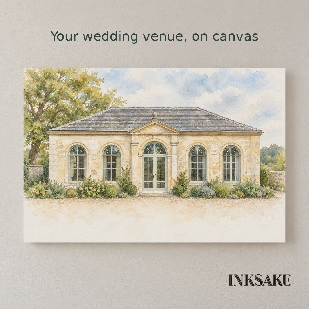 Venue photo-to-watercolor transformation from an original photograph to its artwork, with one unframed canvas and a 24 by 16 inch room display.