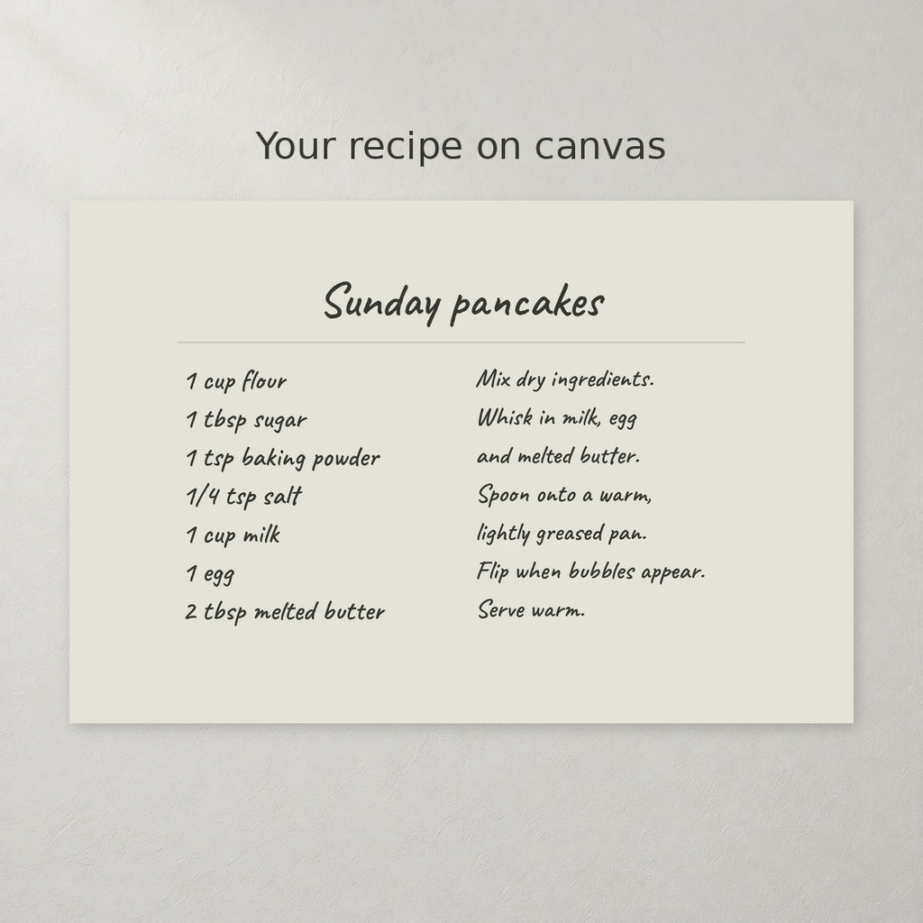 Video of a handwritten Sunday pancakes recipe canvas with 12 x 8 in and 1.5 in depth labels and a kitchen wall scene.