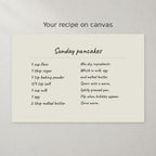 Video of a handwritten Sunday pancakes recipe canvas with 12 x 8 in and 1.5 in depth labels and a kitchen wall scene.