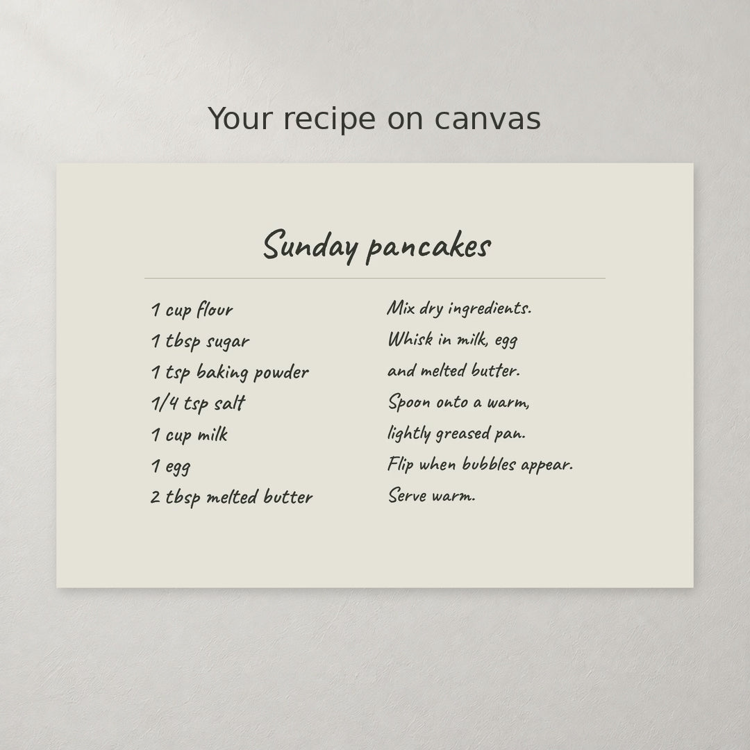 Video of a handwritten Sunday pancakes recipe canvas with 12 x 8 in and 1.5 in depth labels and a kitchen wall scene.