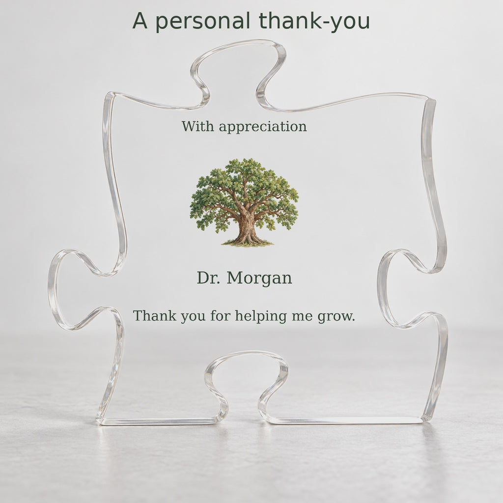 Personalized mentor oak puzzle plaque: add a recipient name and thank-you message; freestanding acrylic, 4.8 by 4.8 inches and 0.6 inches thick.