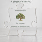 Personalized mentor oak puzzle plaque: add a recipient name and thank-you message; freestanding acrylic, 4.8 by 4.8 inches and 0.6 inches thick.