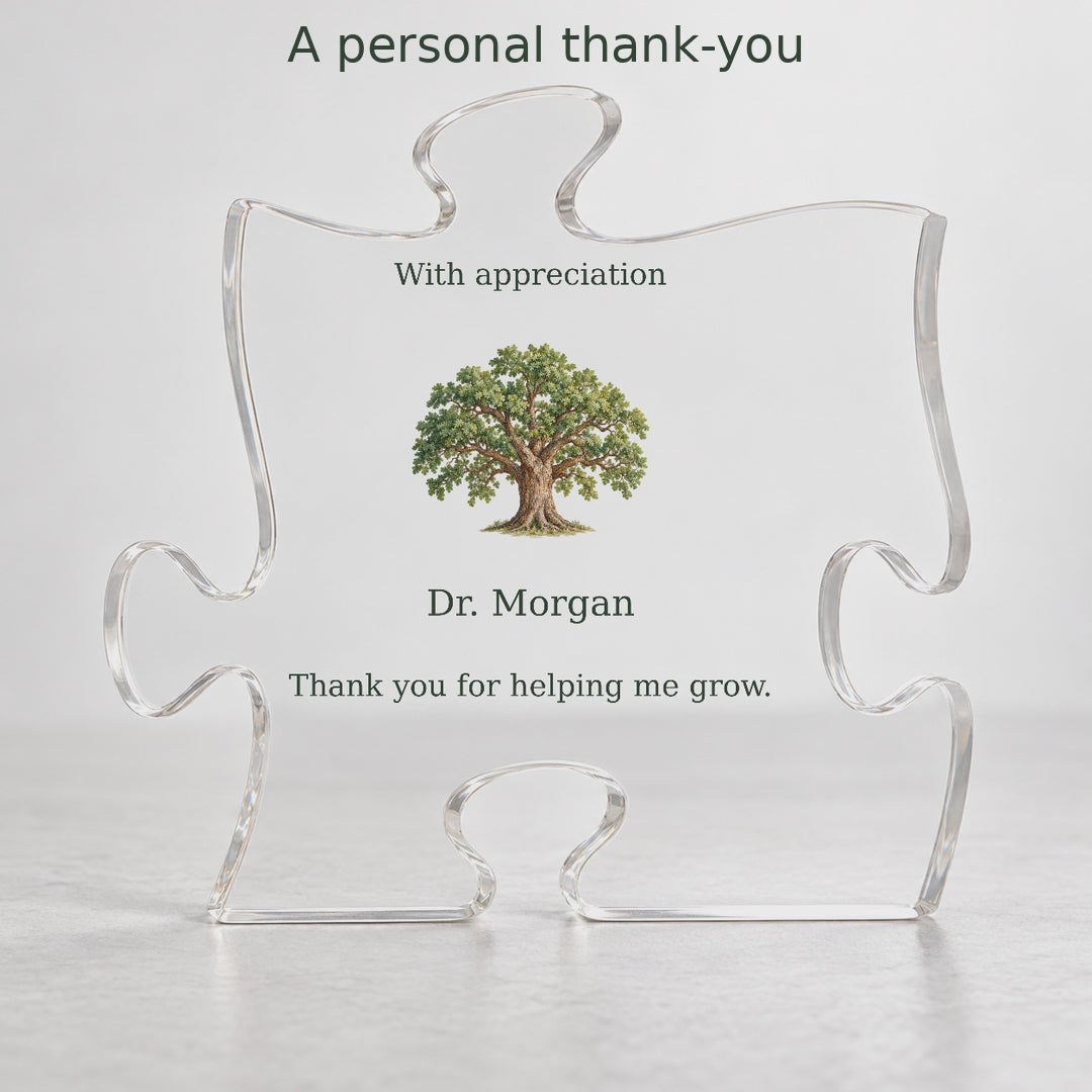 Personalized mentor oak puzzle plaque: add a recipient name and thank-you message; freestanding acrylic, 4.8 by 4.8 inches and 0.6 inches thick.
