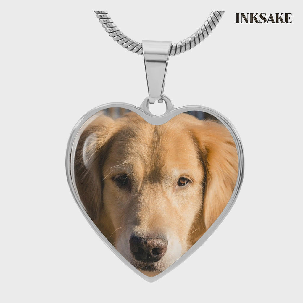Pet photo heart necklace in polished steel, shown in full with close views of the photo face, bail and snake chain, bezel edge and a 24 mm size guide.