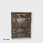 Moose and bear lodge woven cotton throw in motion, full front with the lake scene, bear panel and pine border