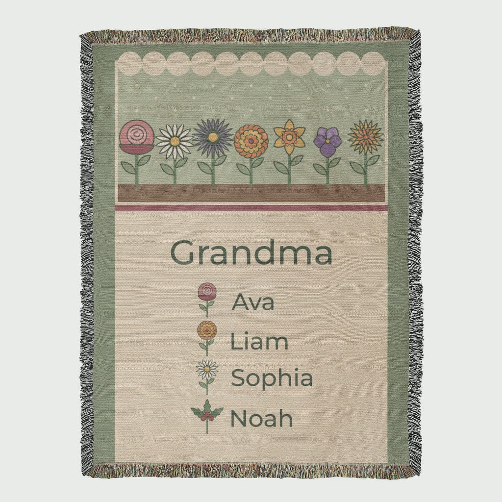 Personalized grandma birth flower woven blanket in motion: full front, on a bed, garden and names close view, fringe close-up