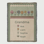 Personalized grandma birth flower woven blanket in motion: full front, on a bed, garden and names close view, fringe close-up